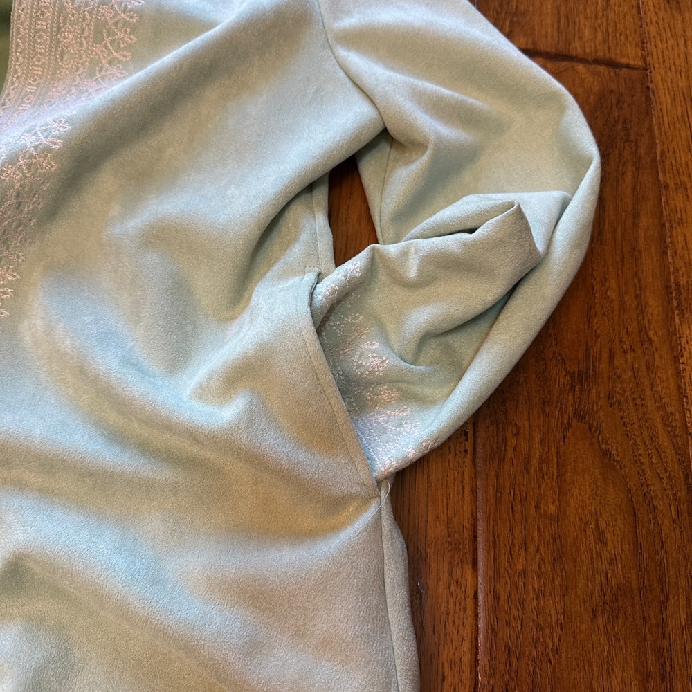 New Solitaire Light Green Embroidered Boho Faux Suede Long Coat - Picture 3 of 9